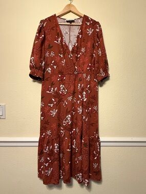 Eloquii Rust Floral V-Neck Midi Dress